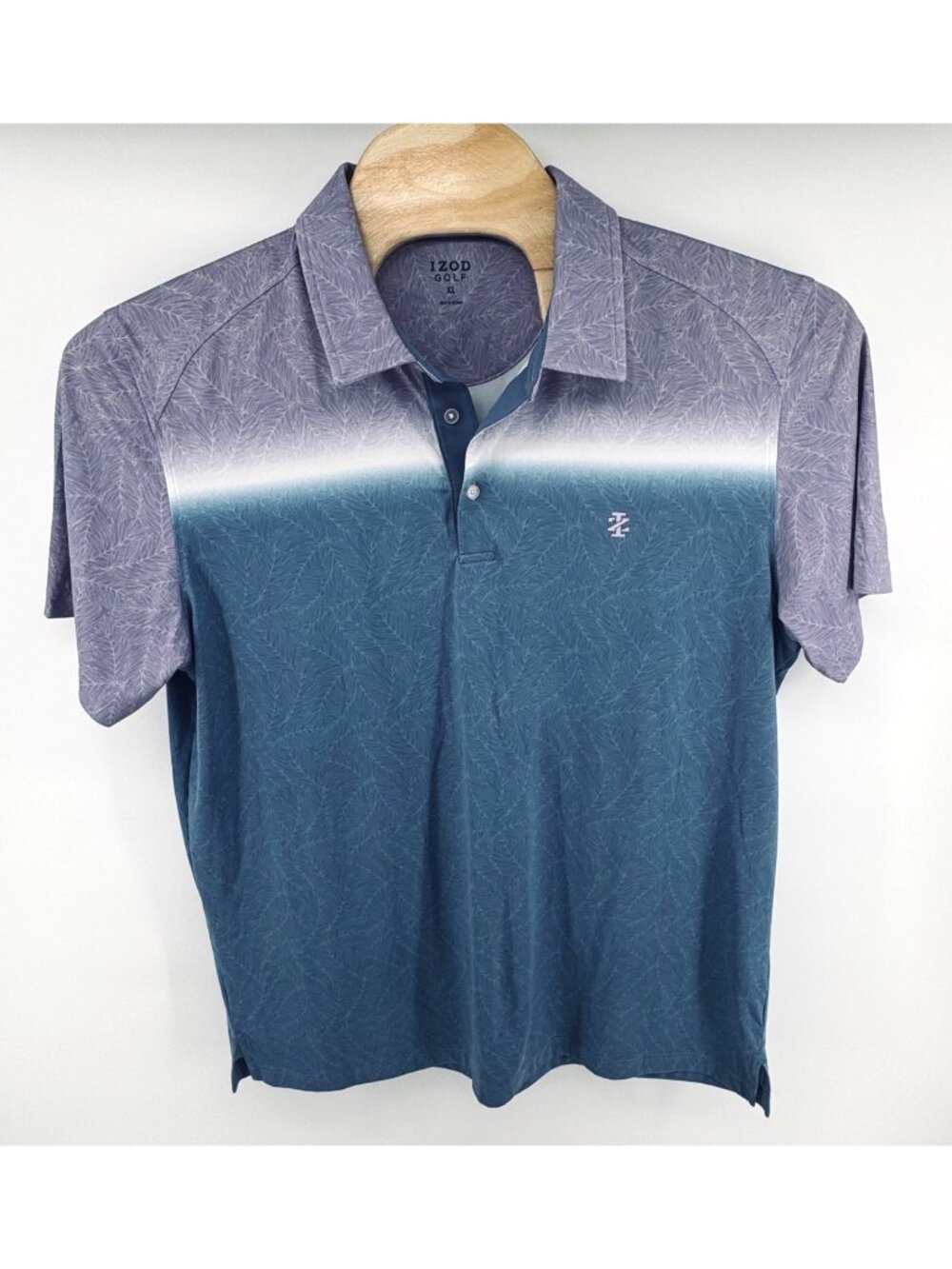 Izod Golf Mens XL Gradient Polo Shirt With Leaf Print Blue & Purple Short Sleeve